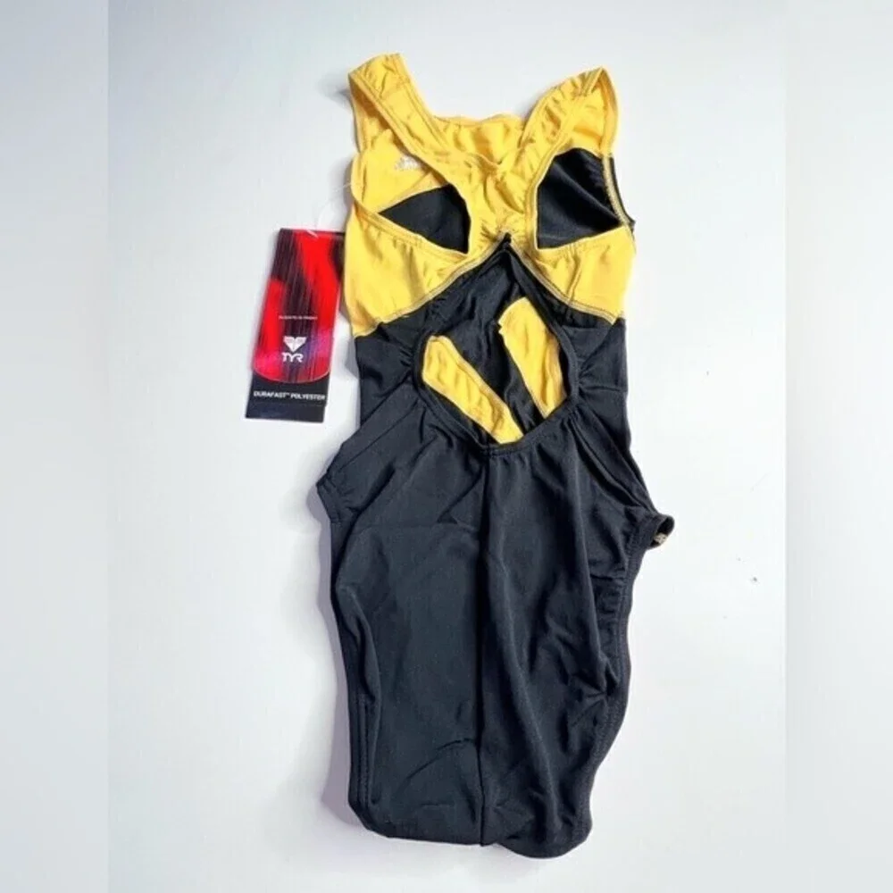 TYR Girls' Maxfit Swimsuit Atle- T-Splice black/gold size 8.